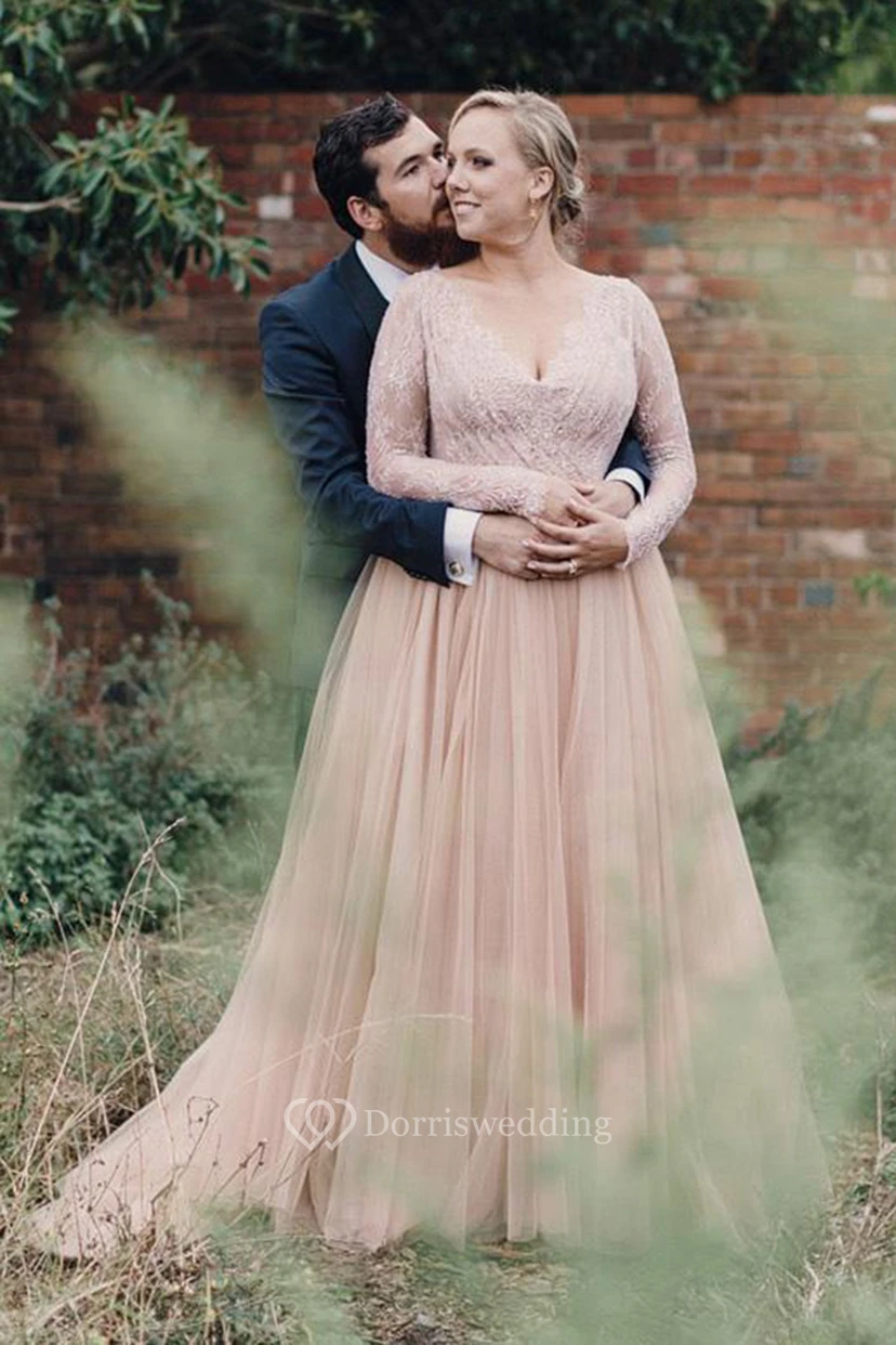 Vestido de novia vintage de tul etéreo, de talla grande, sexy, de manga larga y escote en V, de estilo campestre.