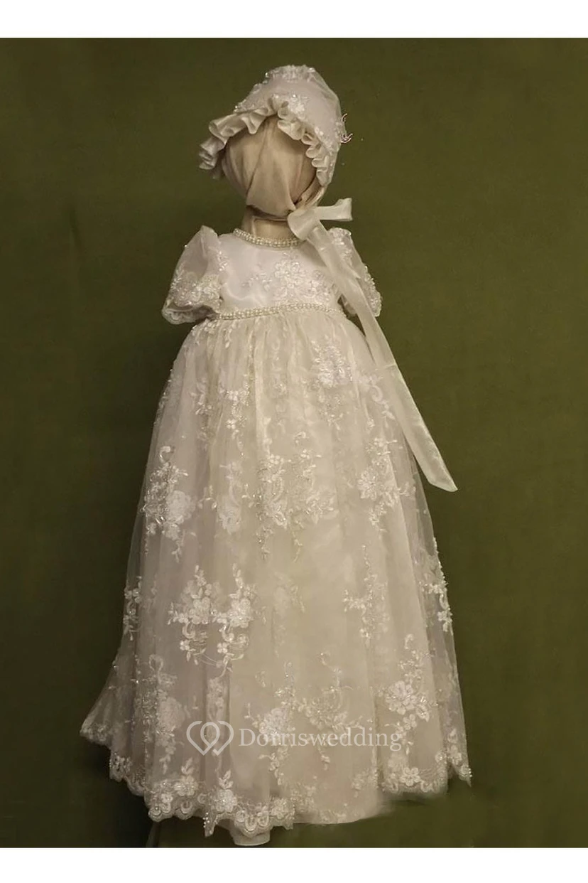 Adorable Christening Gown With Pearls And Lace Appliques