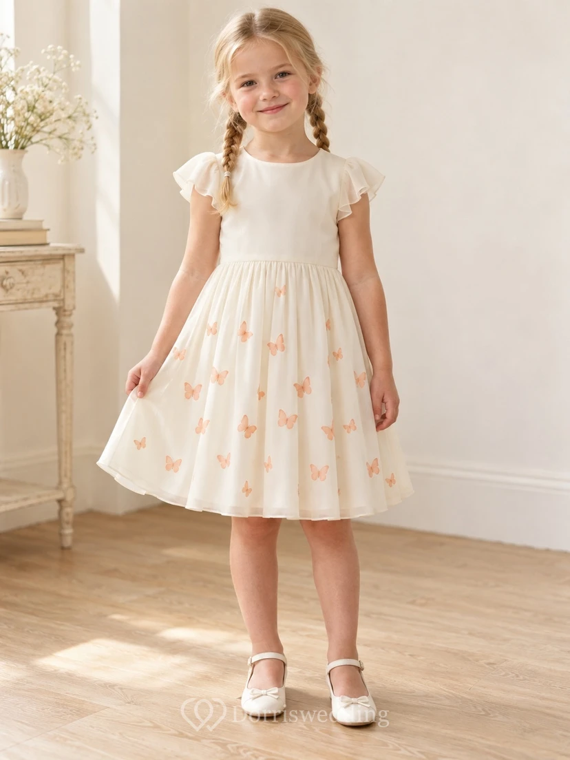 Schlichtes, dezentes elfenbeinfarbenes knielanges Chiffonkleid mit juwelenbesetzten Lagen, flatternden Ärmeln und pfirsichfarbenem Schmetterlingsmuster, weit gerafft.
