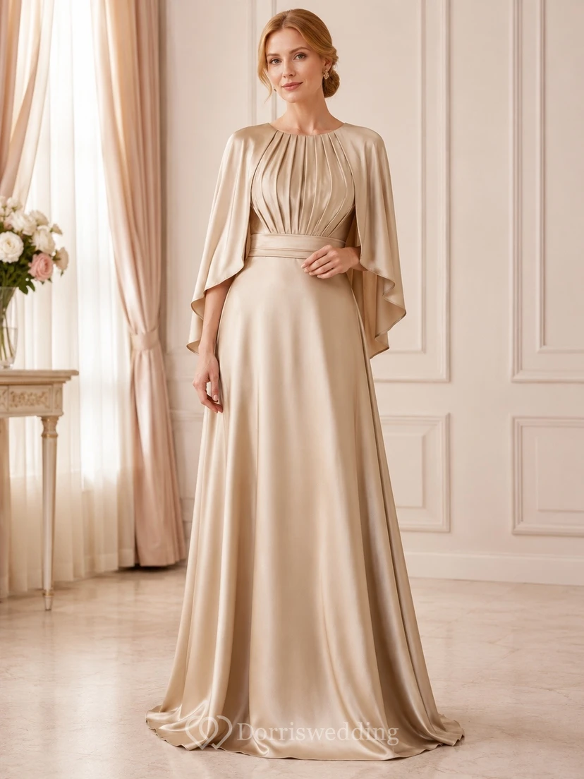 Champagne Satin High Neck Poet Sleeve A-Line Formal Gown