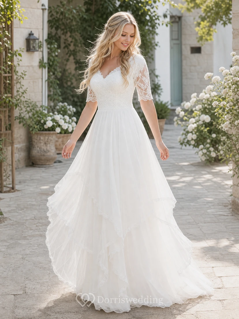 Ländliches, schlichtes Vintage-Hochzeitskleid mit Ärmeln für ältere Bräute in großen Größen view 3