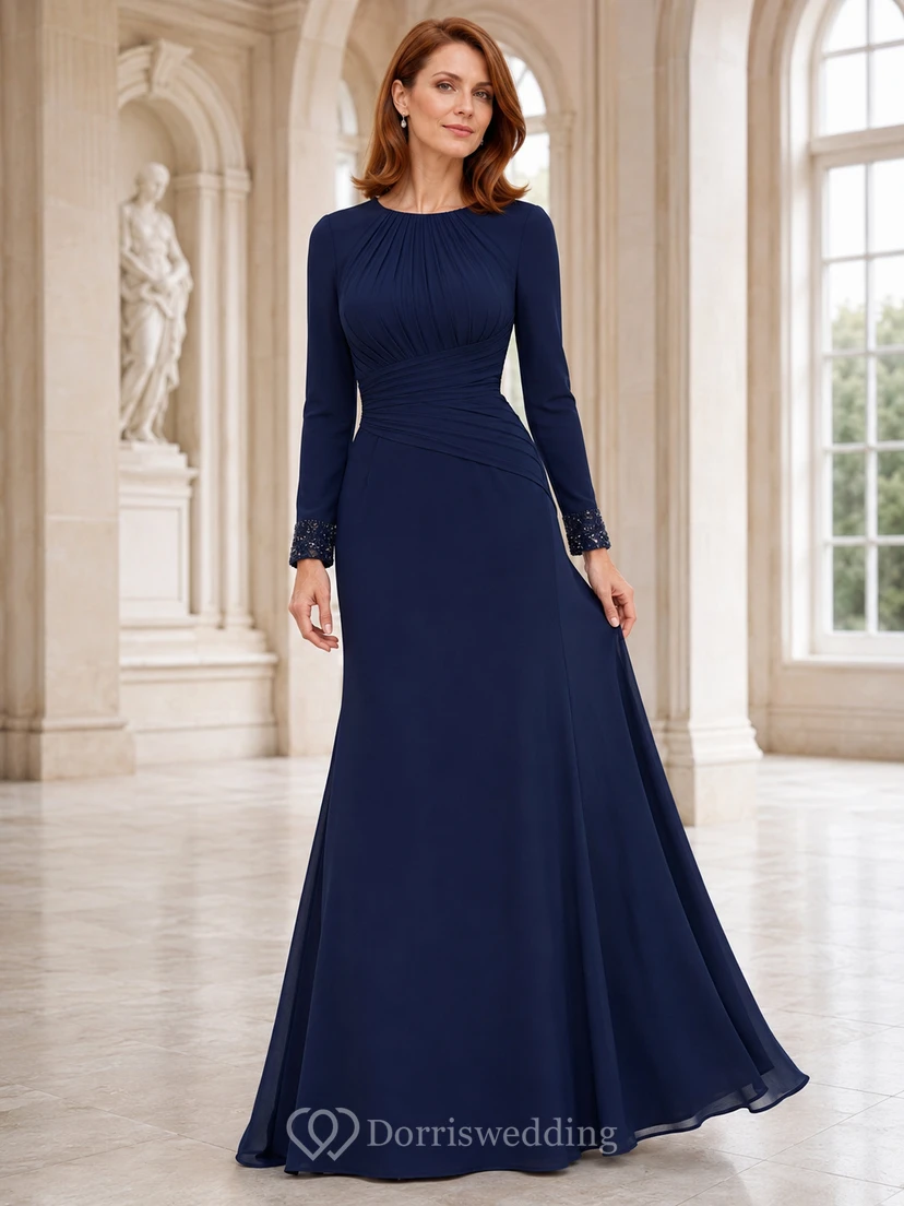 Navy Jewel Neck Long Sleeve Chiffon A Line Formal Dress