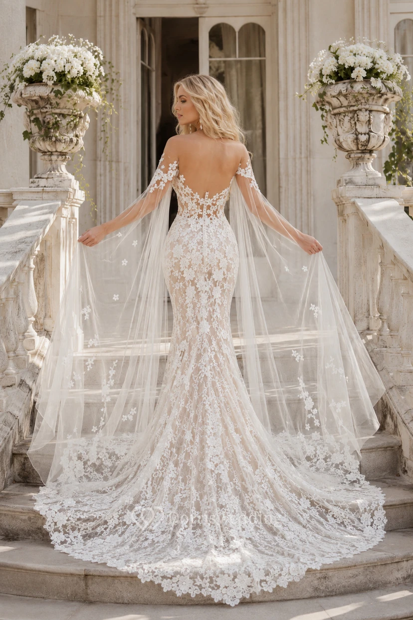 Robe de mariée sirène en dentelle à épaules dénudées avec cape en tulle amovible view 2