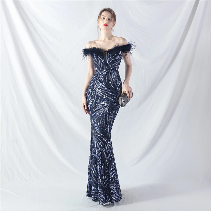 Robe de soirée haut de gamme à sequins, ornée d'un gilet à taille en arêtes de poisson et de plumes d'autruche. view 13