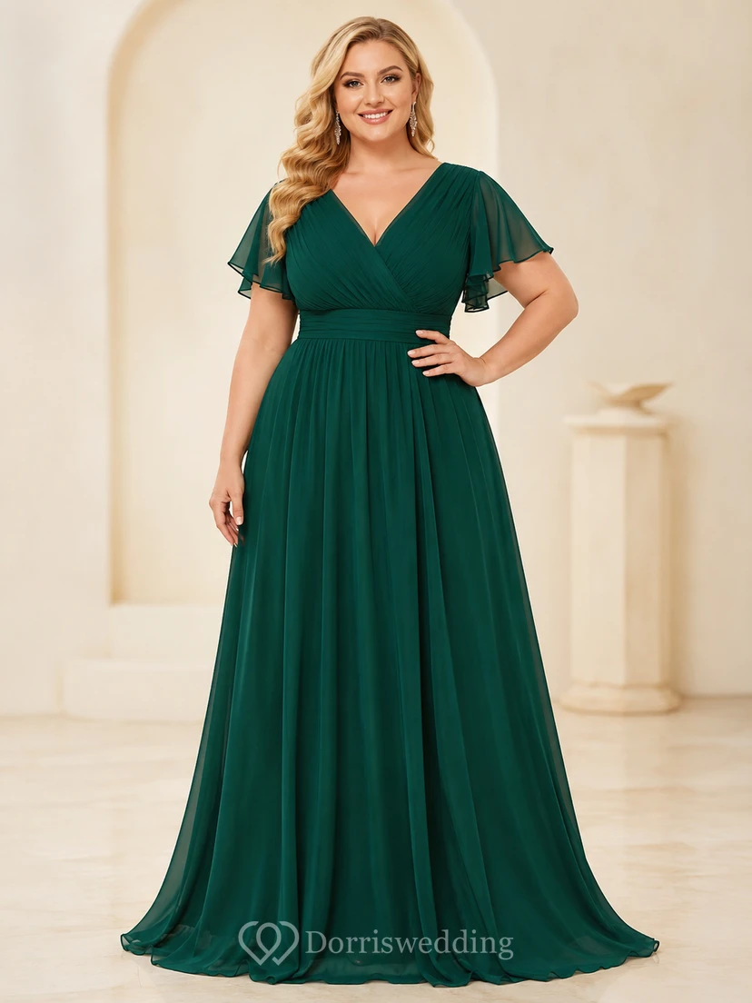 Vestido de noche de corte A con escote en V y mangas con volantes, color verde oscuro.