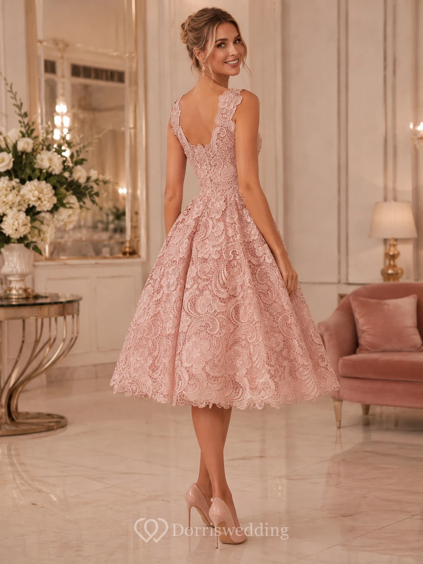 Low V Neckline A-line Knee Length Lace Dress view 2