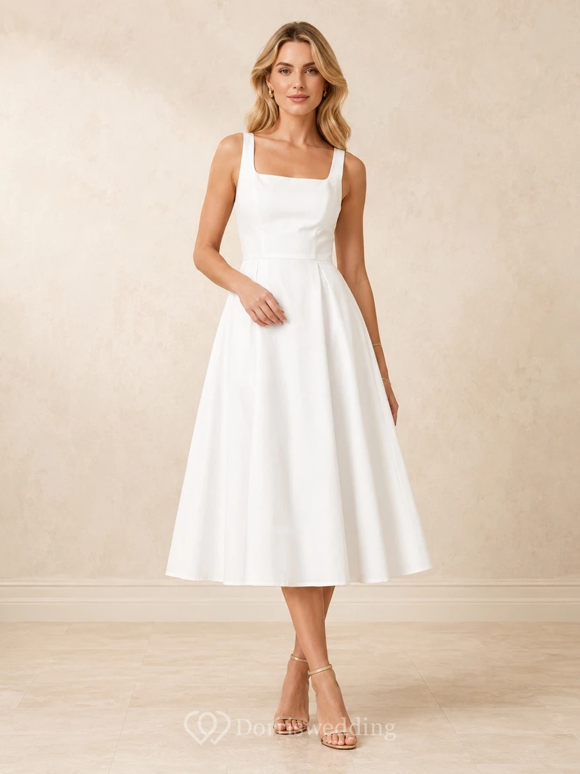 White Satin Spaghetti Strap Square Neck A-Line Tea-length Guest Dress