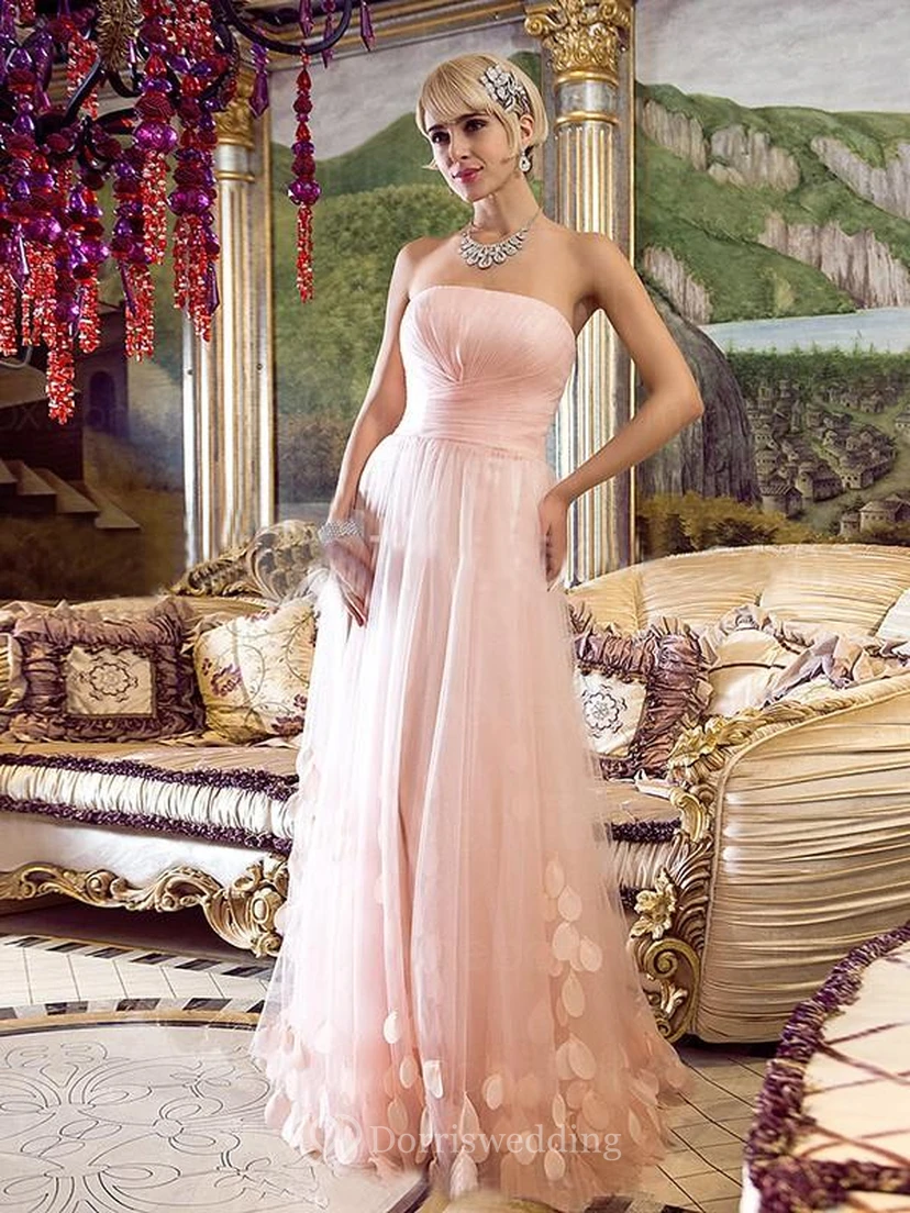 A-line Strapless Sleeveless Floor-Length Tulle Applique Dresses
