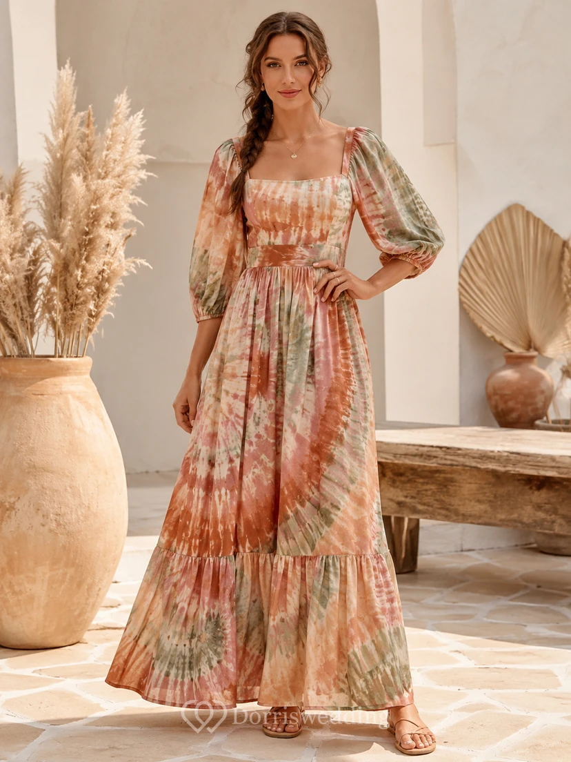Vestido largo de invitada con escote cuadrado y volantes, estampado tie-dye en tonos tierra