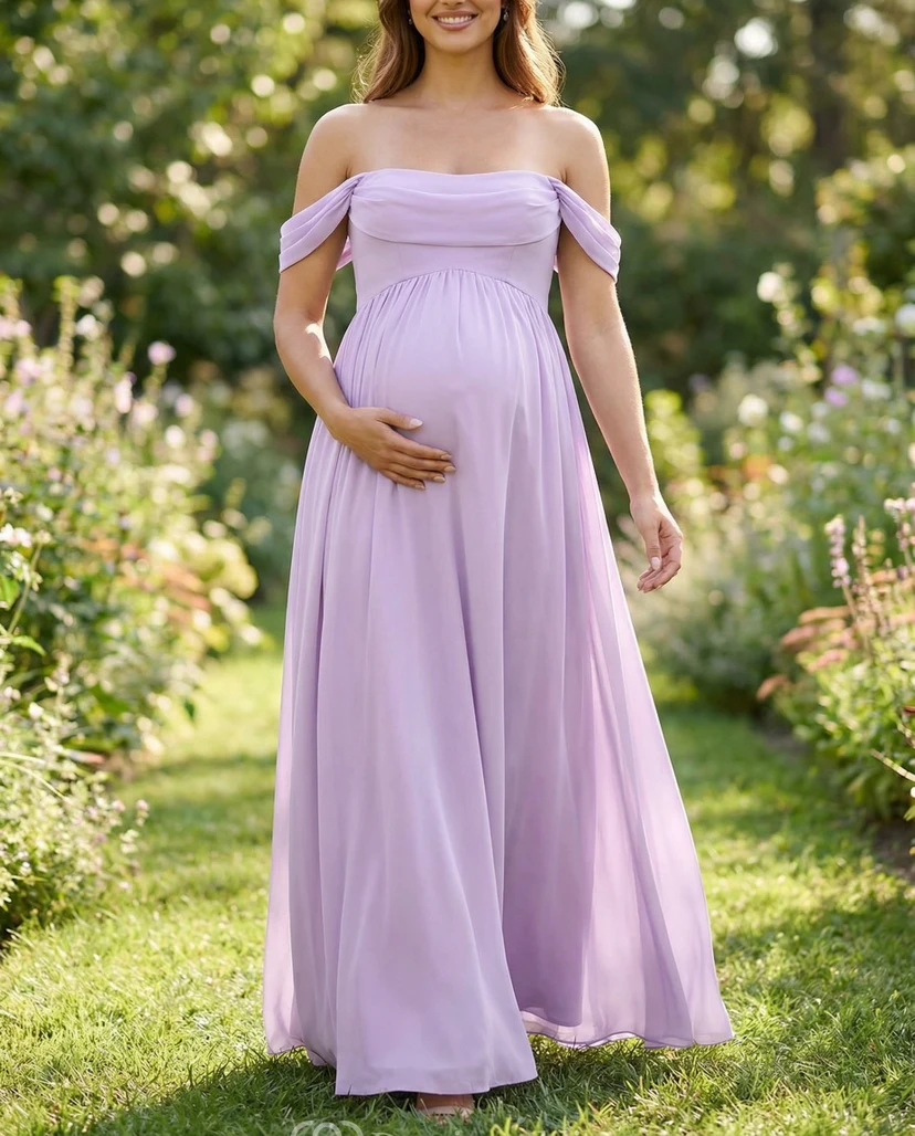 Lilac Off-Shoulder Maternity Bridesmaid Dress with Draped Sleeves & Chiffon A-Line Skirt