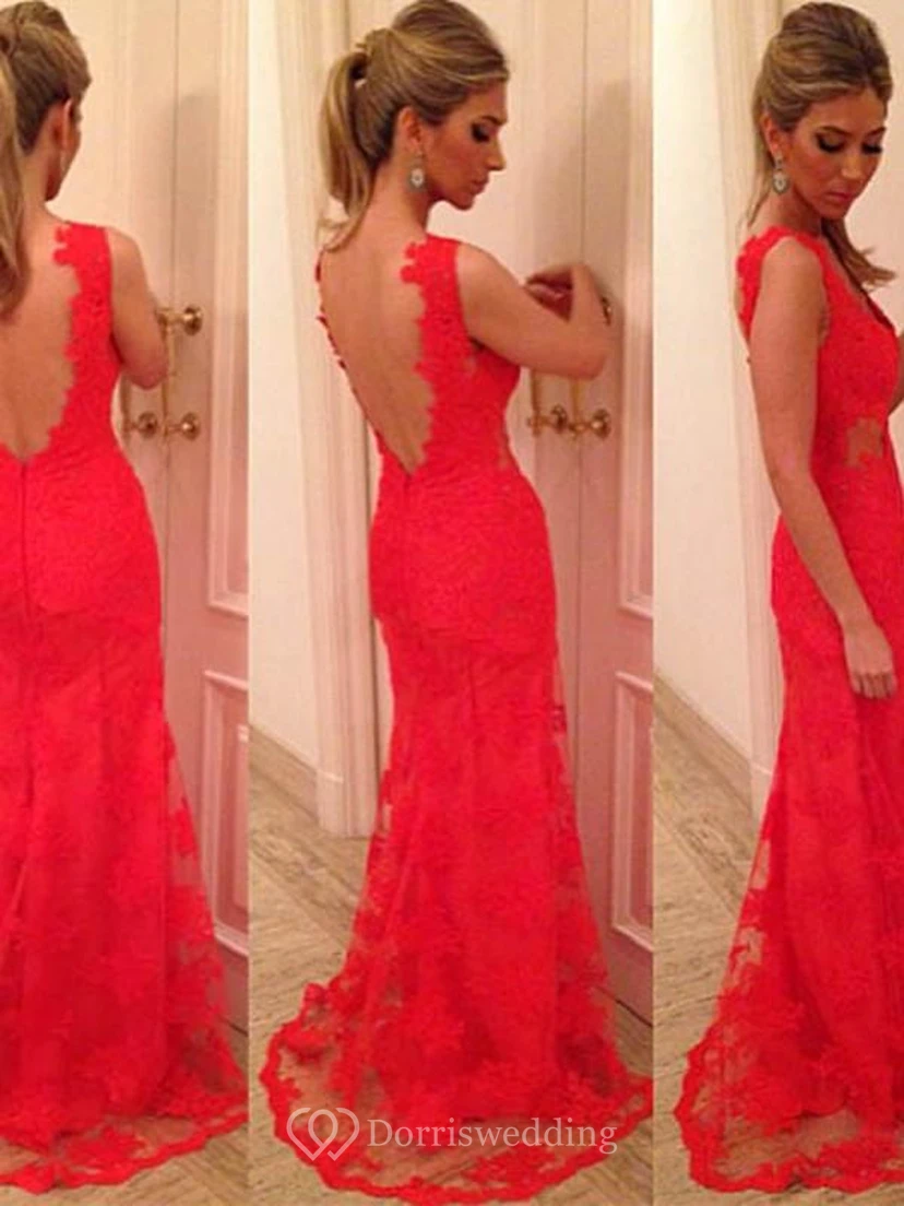 Mermaid V-neck Applique Sleeveless Lace Backless Floor-length Dress