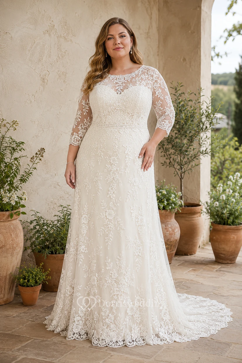 Elegantes, langes Etuikleid aus Spitze in großen Größen mit Schleppe und langen Ärmeln.