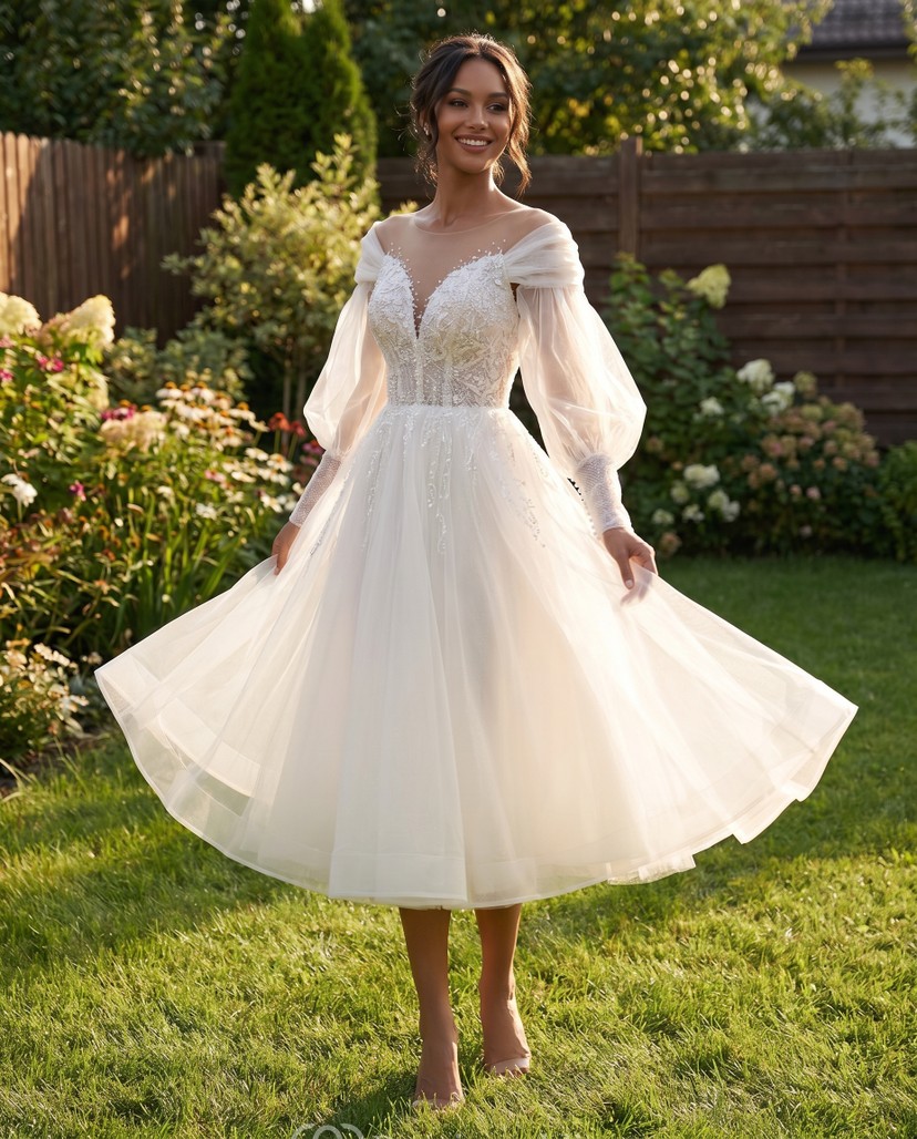 tea length long sleeve wedding dress A-Line Wedding Dress Tea Length 3/4 Sleeve V Neck Lace Tulle Bridal Gown