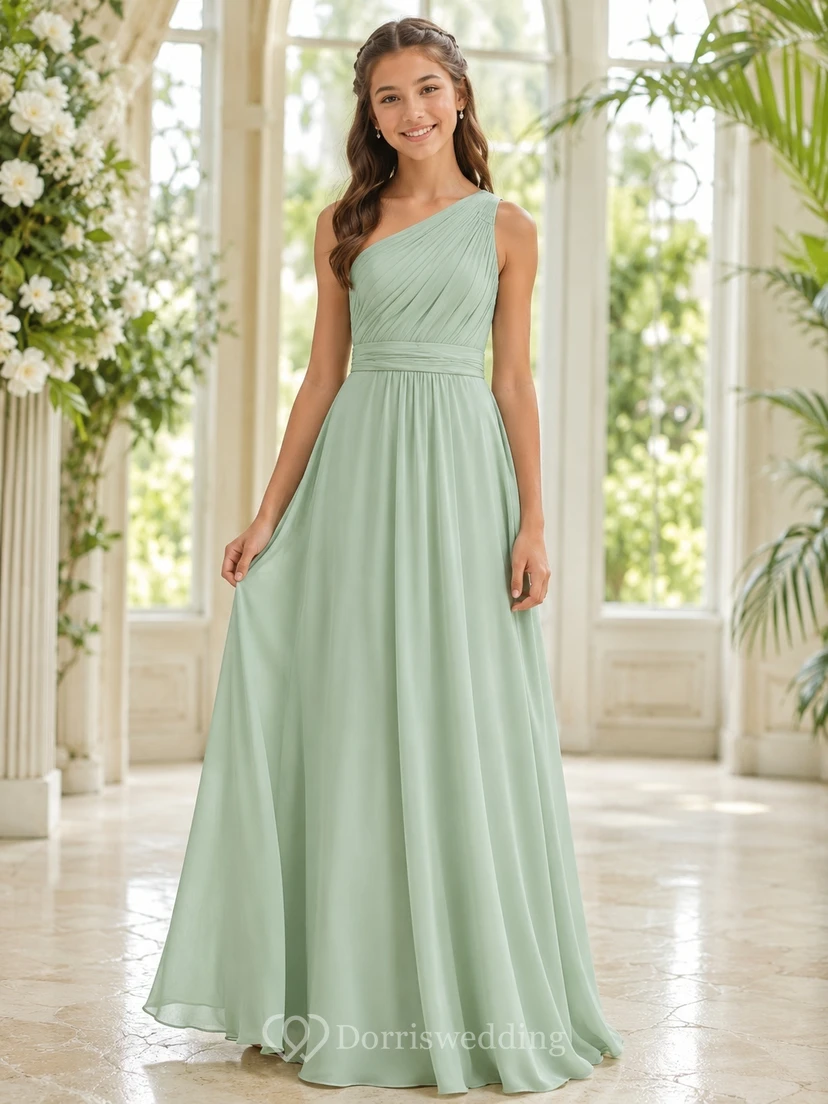 Elegantes junges Brautjungfernkleid in Celadon-Tönen, A-Linie, One-Shoulder, ärmellos, aus Chiffon