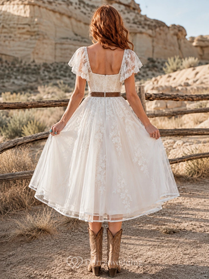 Western Tea-Length Square Neck Cap Sleeve Lace A-Line Civil Wedding Dress view 2