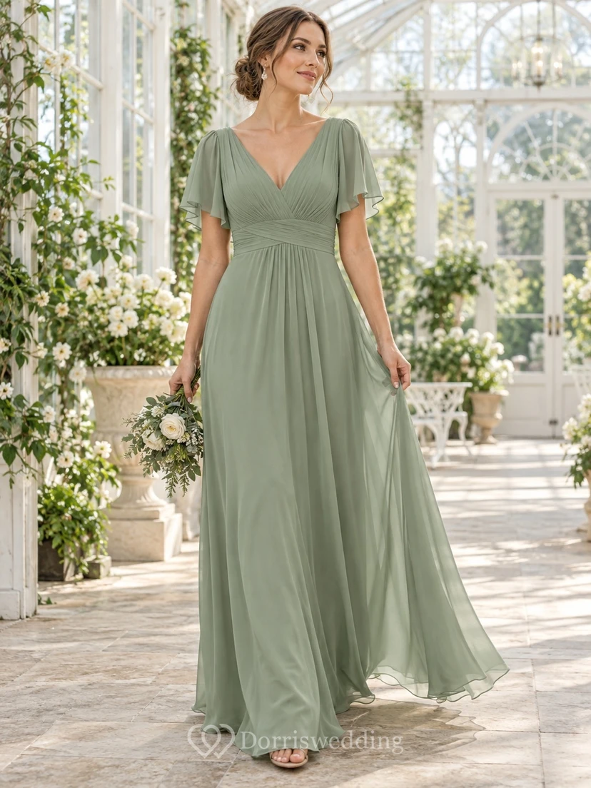 Vestido de dama de honor largo hasta el suelo, de gasa, con escote en V y mangas con volantes, color verde salvia.