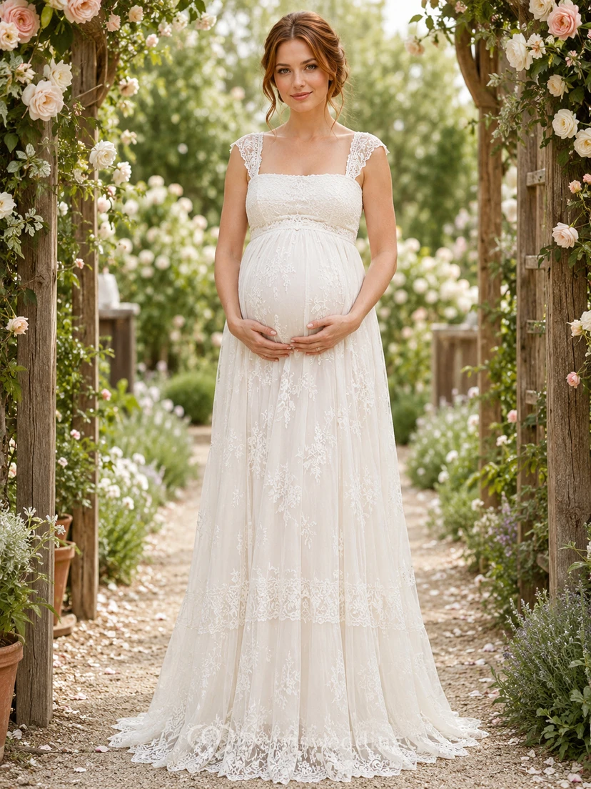 Robe de mariée de maternité, coupe trapèze, en dentelle et tulle, col carré, manches courtes et traîne.