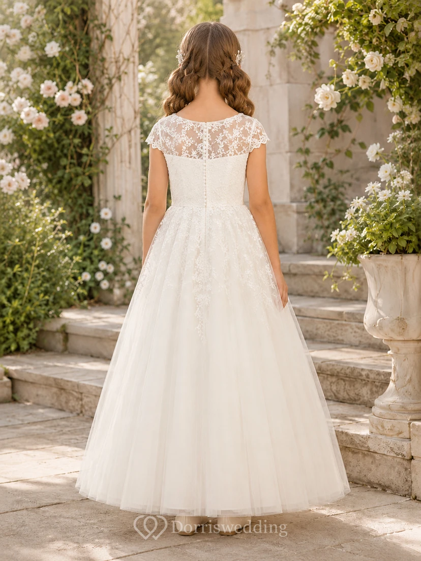 Weißes Pailletten-Spitzen-Tüll-Kleid mit Illusion-Ausschnitt, Spitzenkappenärmeln und Paillettenbesatz, bodenlang, Kommunionskleid für Blumenmädchen view 2