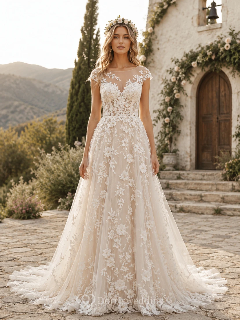Robe de mariée trapèze en dentelle à manches illusion et traîne chapelle