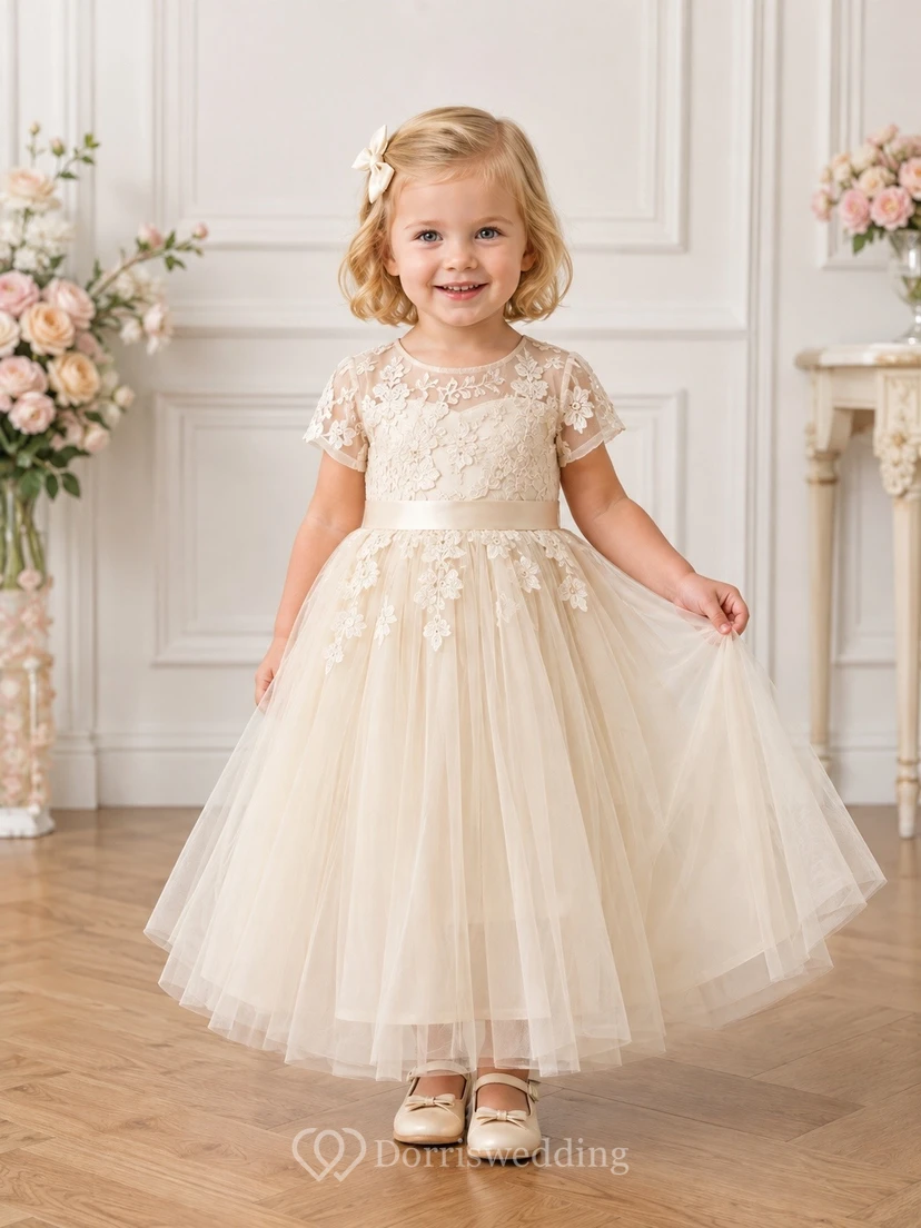 Champagne Scoop Neck Short Sleeve Lace Tulle Tea-Length Flowergirl Dress