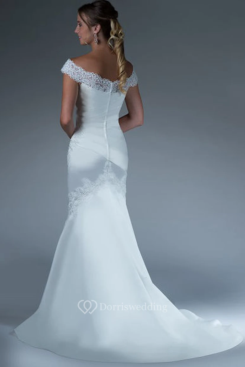 Lace Off Shoulder Sheath Satin Bridal Gown With Ruching view 2