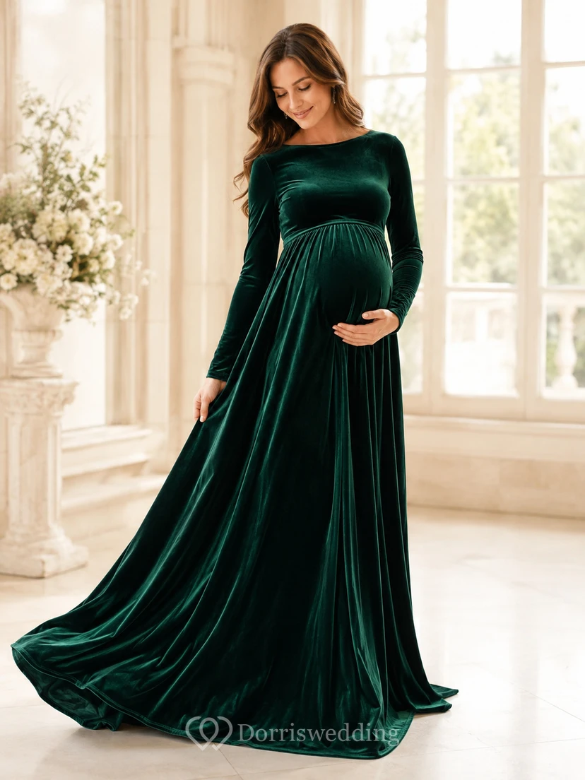 Dark Green Scoop Long-Sleeve Velvet Luxury Maternity Mother Sweep Gown