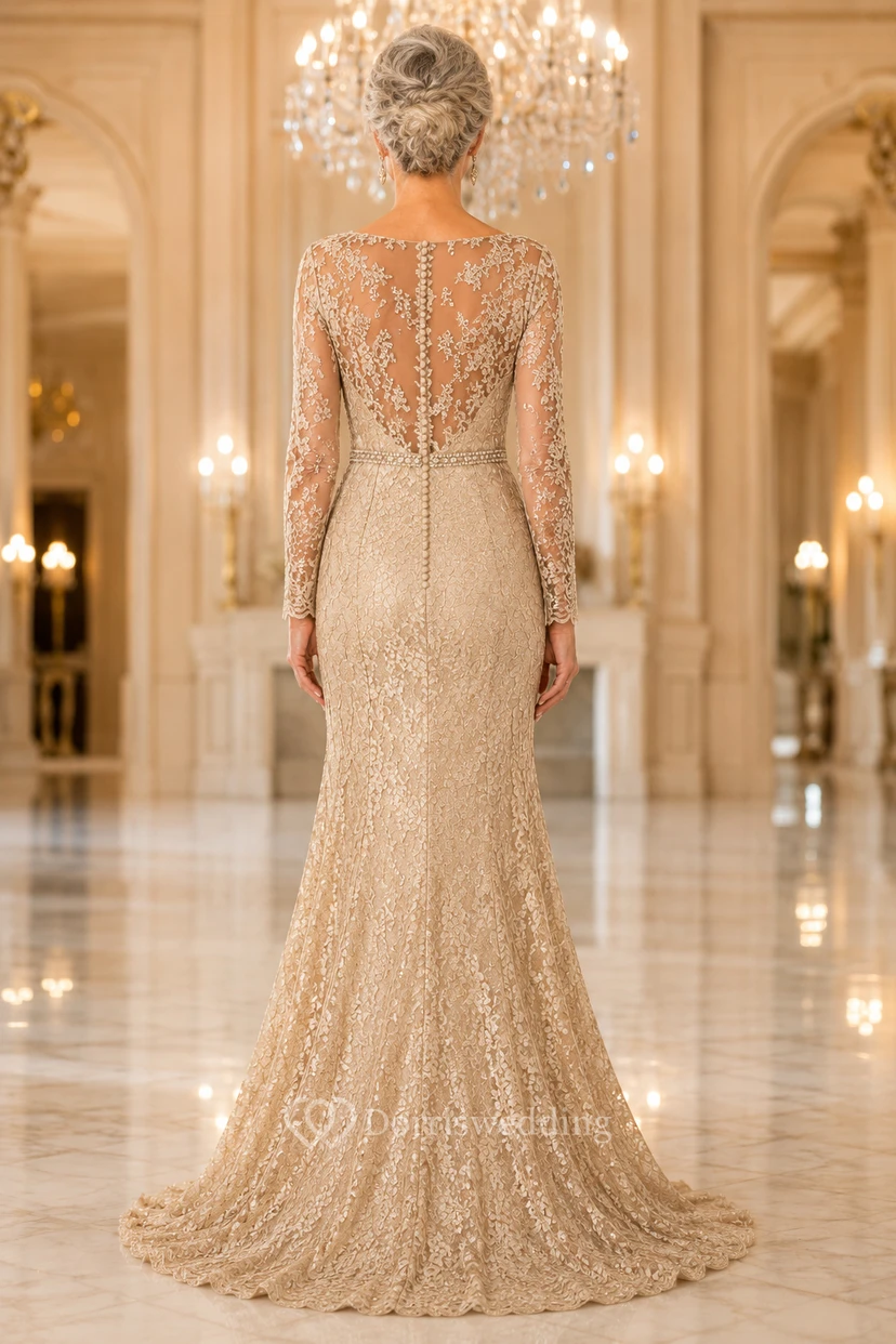 Robe sirène champagne à manches longues en dentelle illusion perlée et traîne view 2