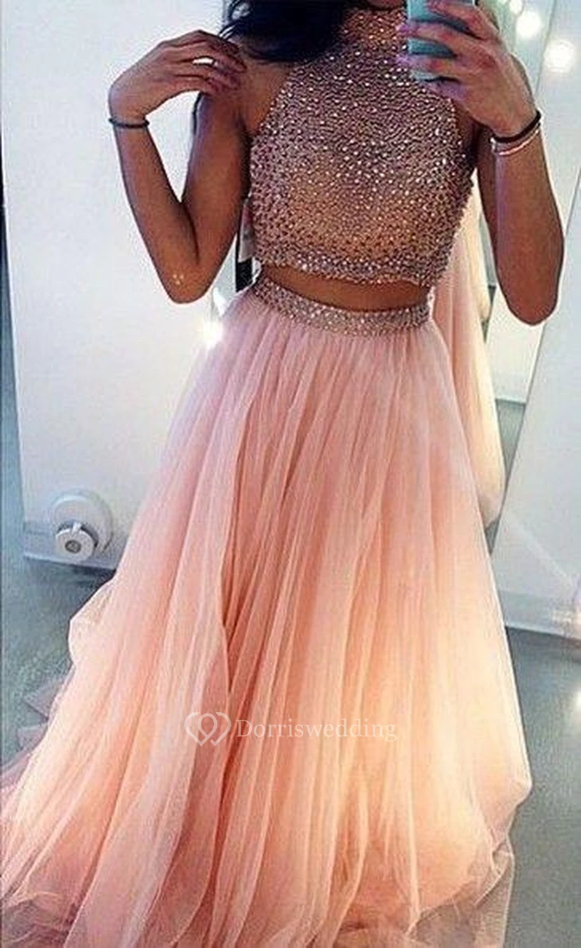 Glamrous High Neck Beadings Prom Dress Two Pieces Style