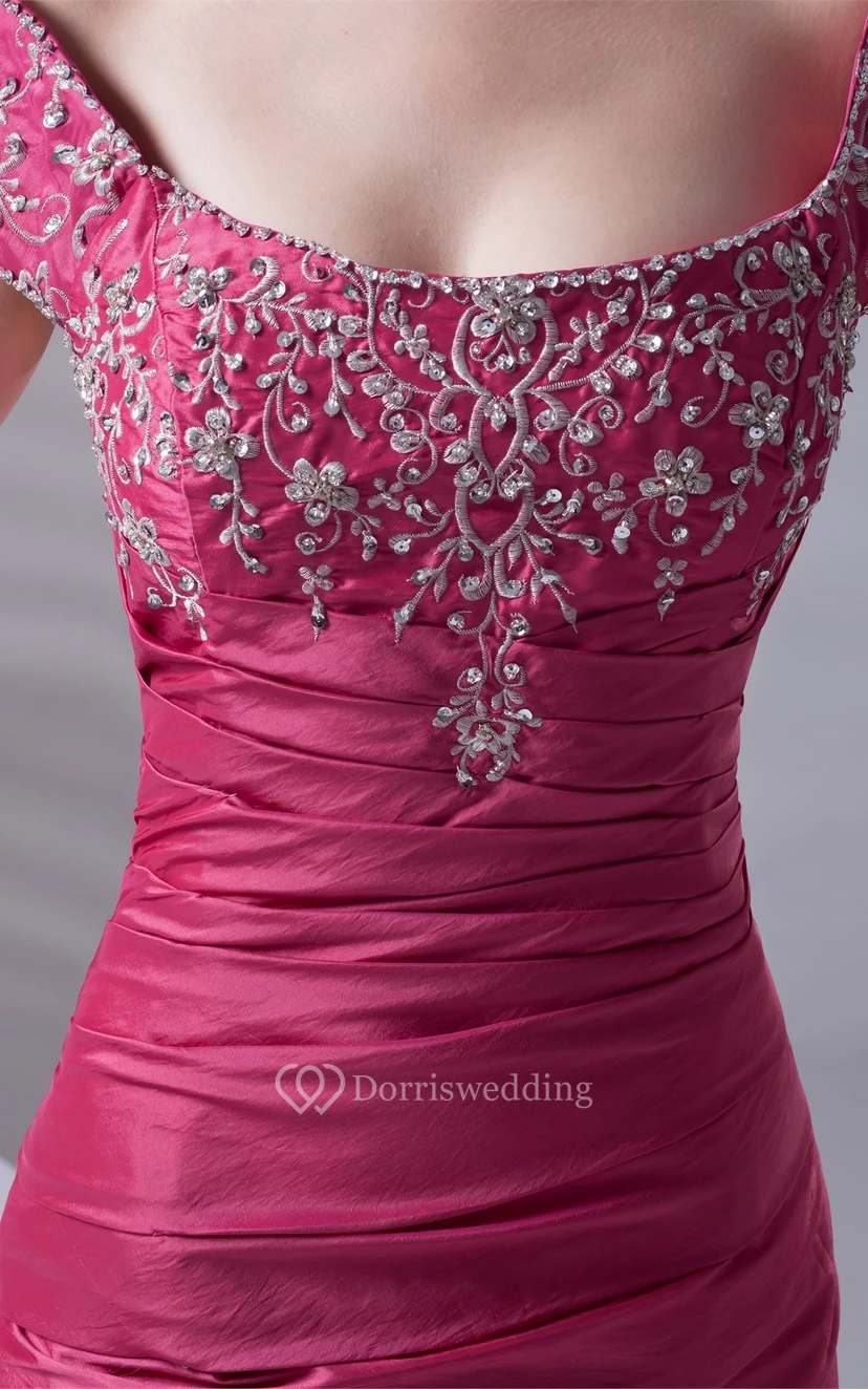 Caped-Sleeve Pick-Up A-Line Taffeta Gown With Embroideries view 5