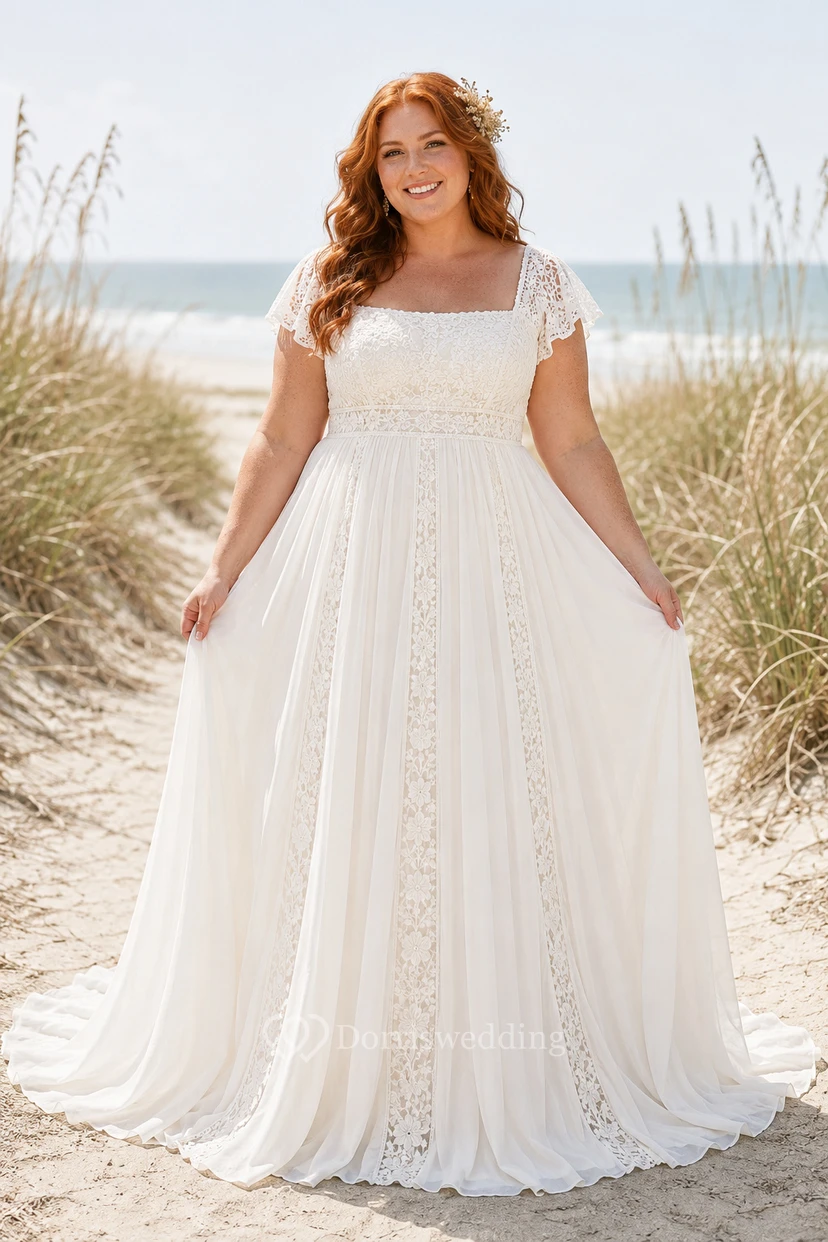 Robe de mariée de plage grande taille en mousseline de soie, coupe trapèze, col carré et corsage en dentelle