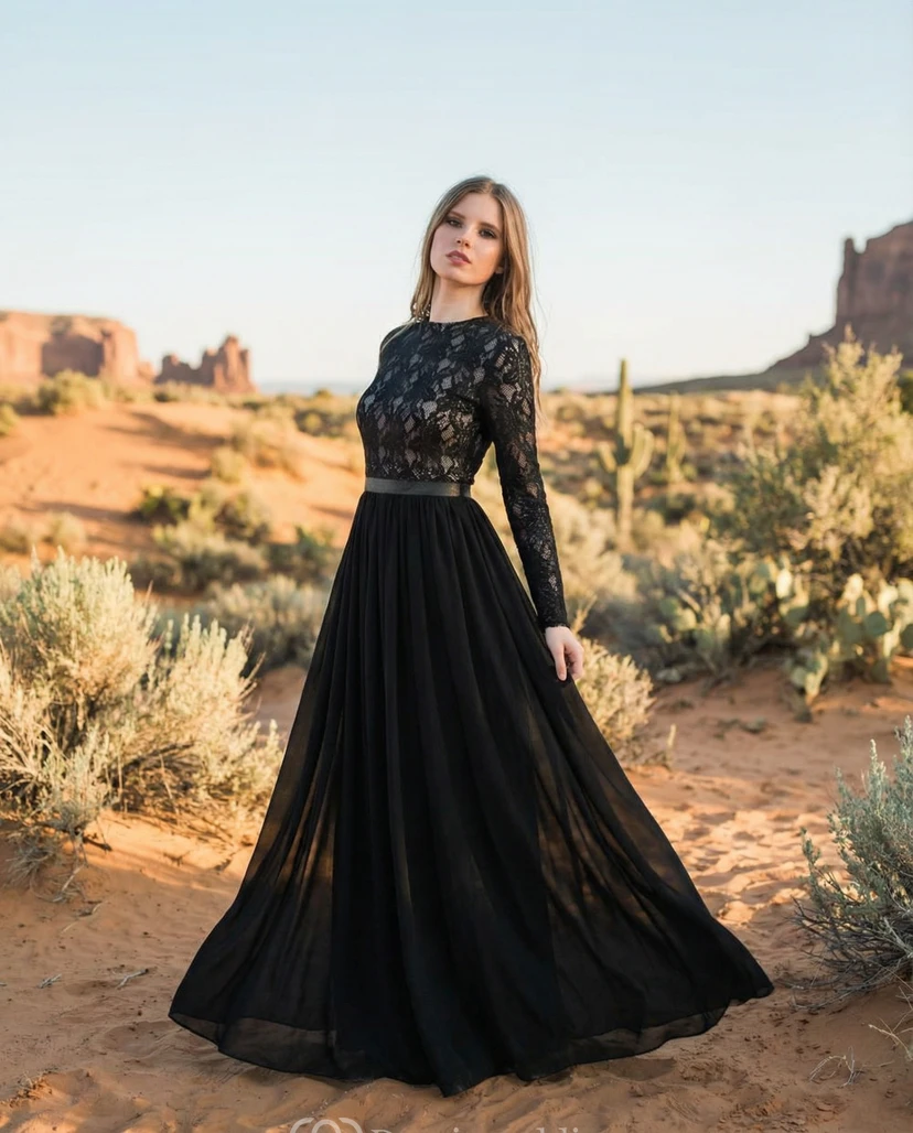 Tiered A-Line Chiffon Gown with Lace Sleeves