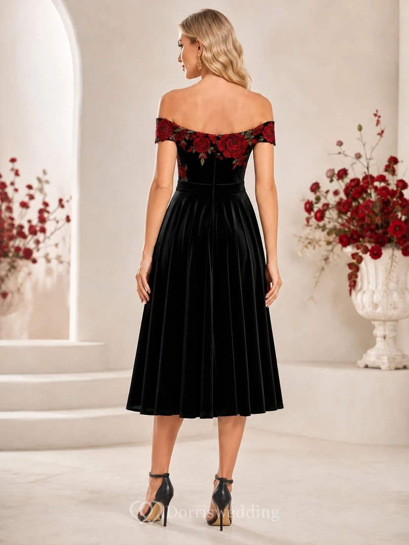 Black Red Floral Lace Off-the-shoulder Short Sleeve Tea-length A-Line Cocktail Dress view 2