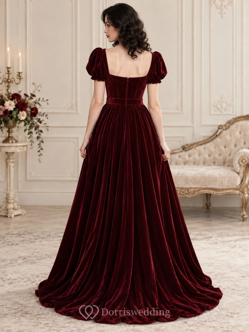 Burgunderrotes, gotisches Brautjungfernkleid mit herzförmigem Herzausschnitt, Puffärmeln und Samtkorsett, drapiert und voluminös. view 2