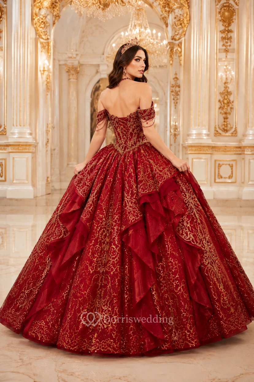 Red and Gold Embroidered Ball Gown Quinceanera Dress with Tiered Skirt view 2