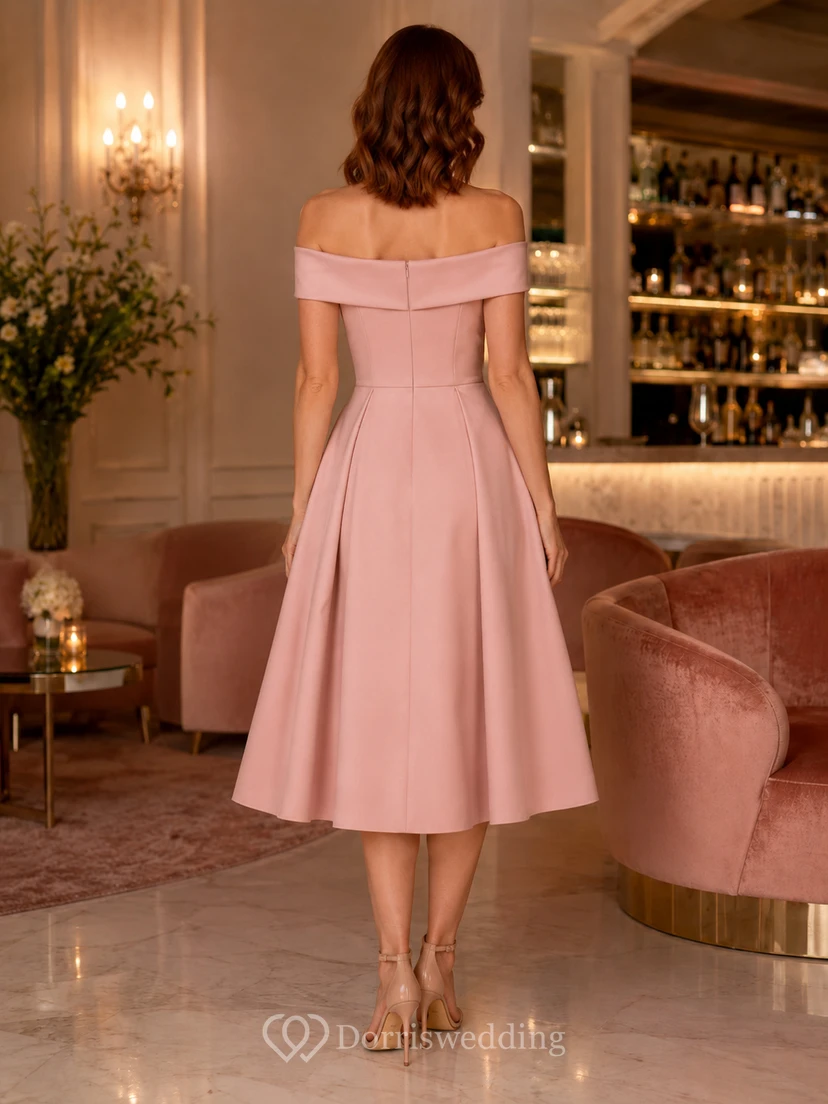 Dusty Rose Off Shoulder Satin A Line Cocktail Dress view 2