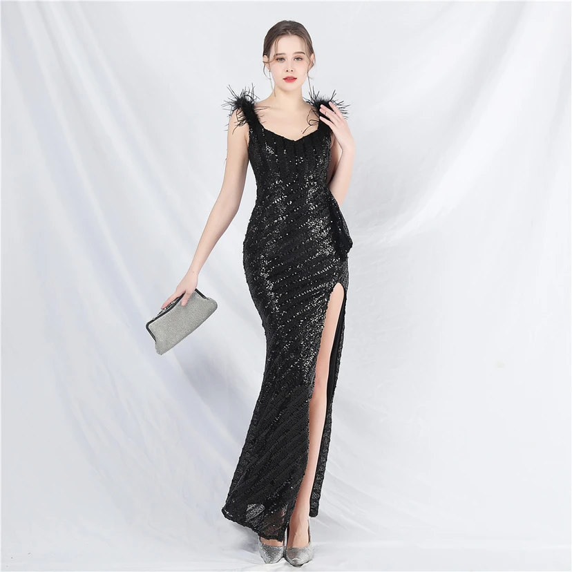 Evening Dress Craft Beaded Ostrich Feather Sequined Side Slit Evening Dress view 68