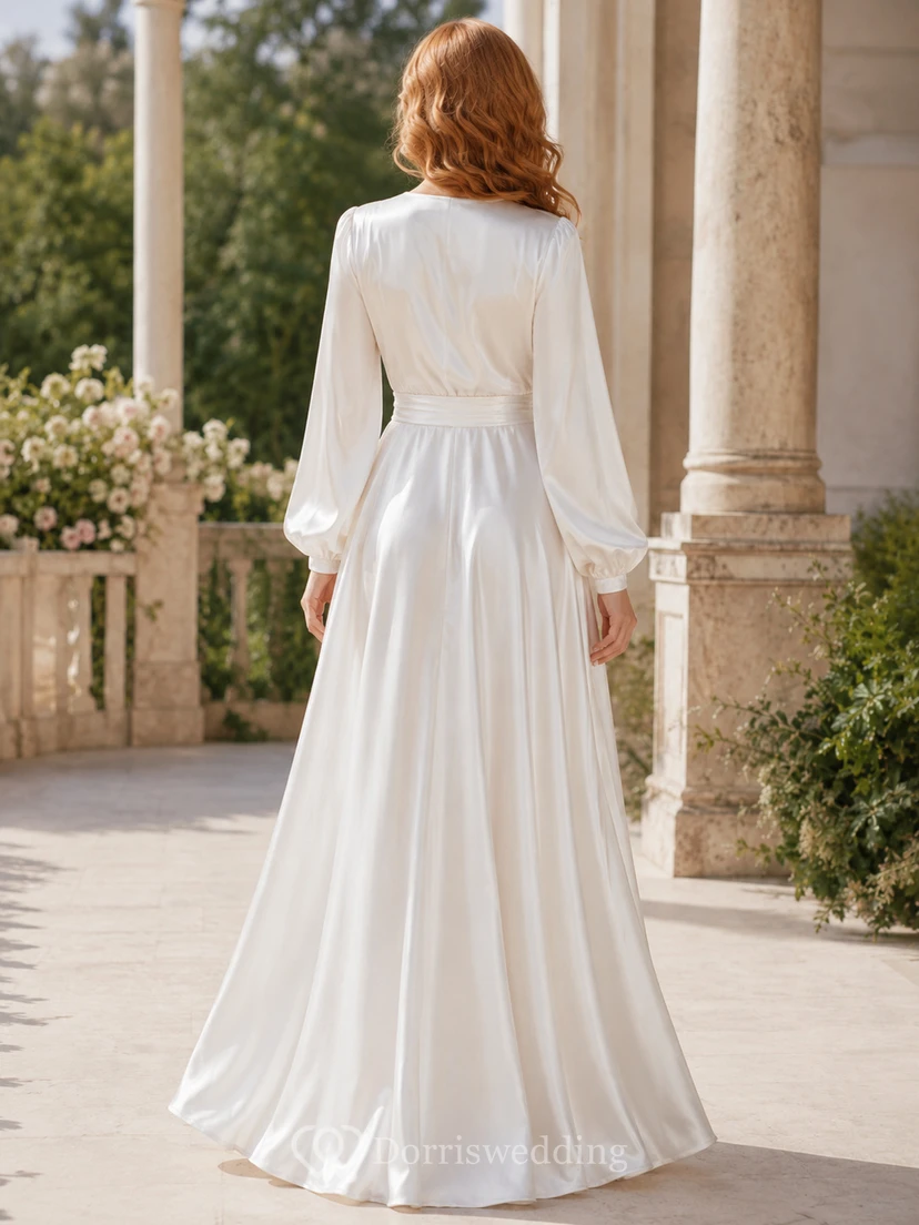 Robe de mariée élégante et sobre en satin, col en V, manches bouffantes, ceinture et coupe trapèze, longue jusqu'au sol view 2