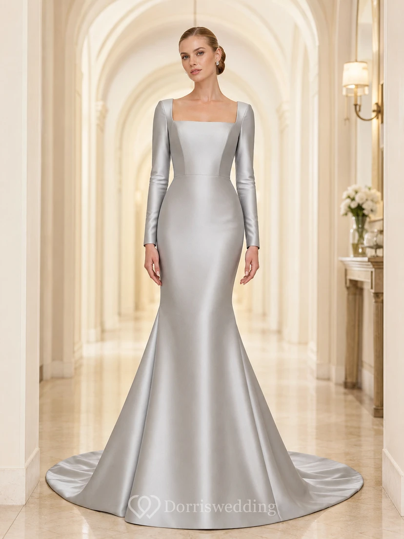 Robe de mariée sirène en satin gris argenté à col carré et manches longues, coupe modeste