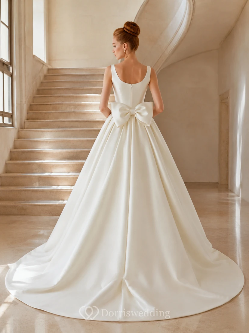 Ballkleid aus Satin mit eckigem Ausschnitt, Schleife und plissierter Kapellenschleppe view 2