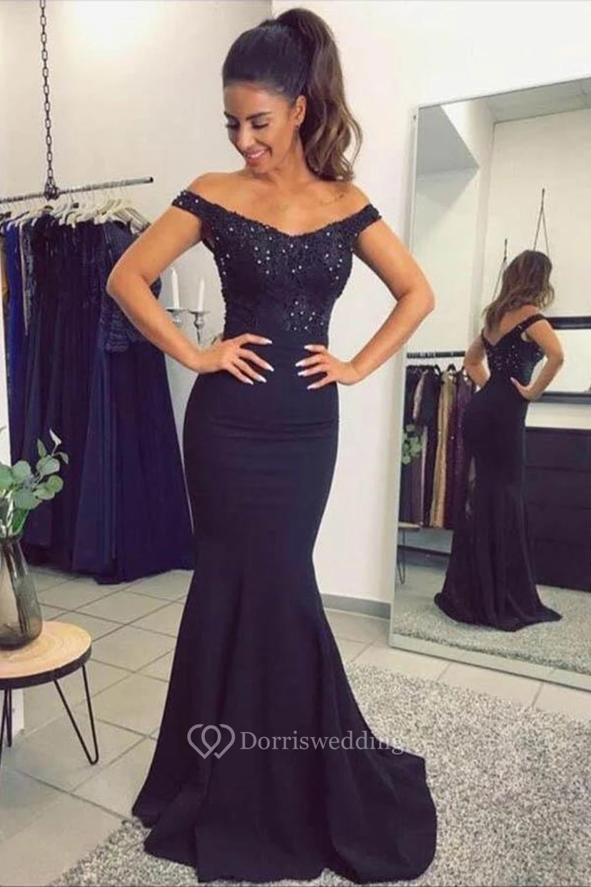 Mermaid Trumpet Satin Lace Off-the-shoulder Short Sleeve Zipper Low-V Back Dress