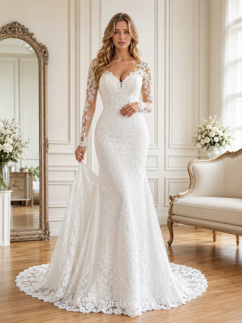 Vestido de novia de sirena de encaje con mangas largas, listo para exhibición
