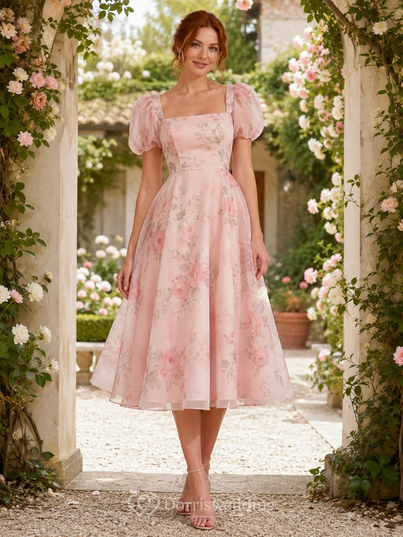 Blush Courtyard Garden Wedding Guest Dress A-Line Chiffon Tulle Square Neck Short Sleeve Tea-Length Floral
