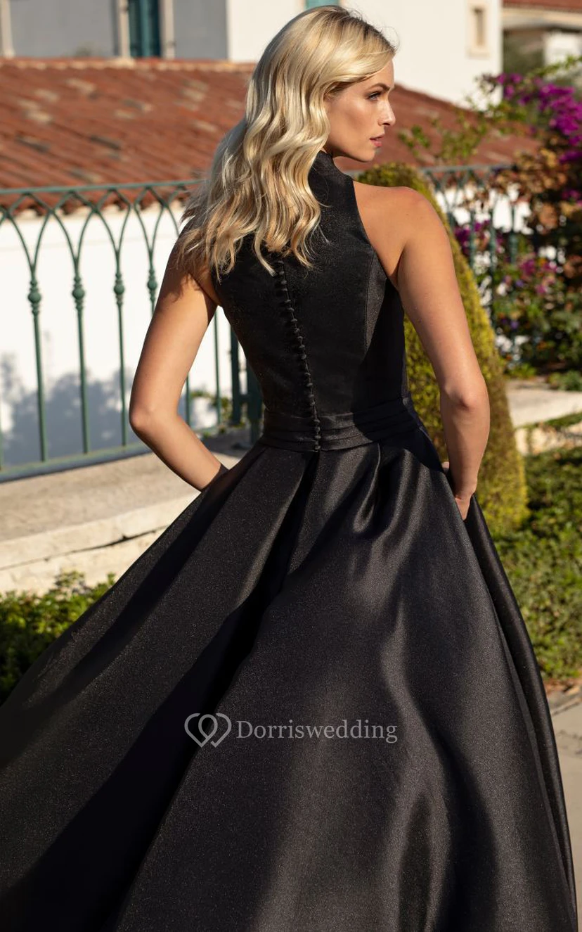 Vestido de gala formal sencillo sin mangas de satén con cola y fruncido. view 5