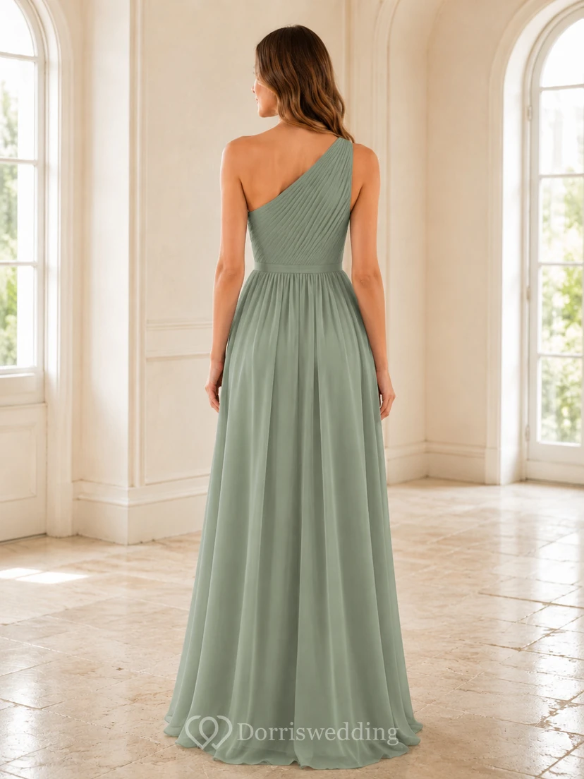 Sage one shoulder slit chiffon floor length A-line dress view 2