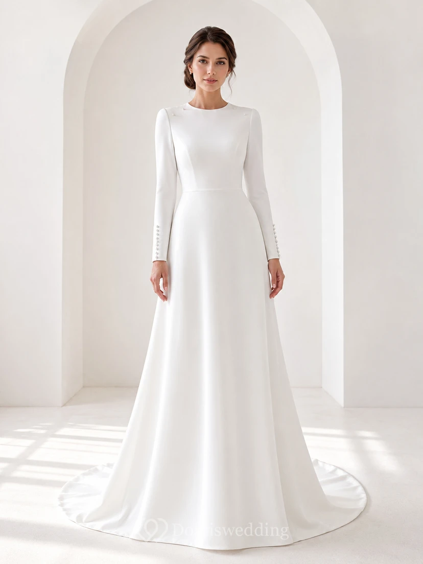 Vestido de novia religioso sencillo y modesto de manga larga, estilo estudio.