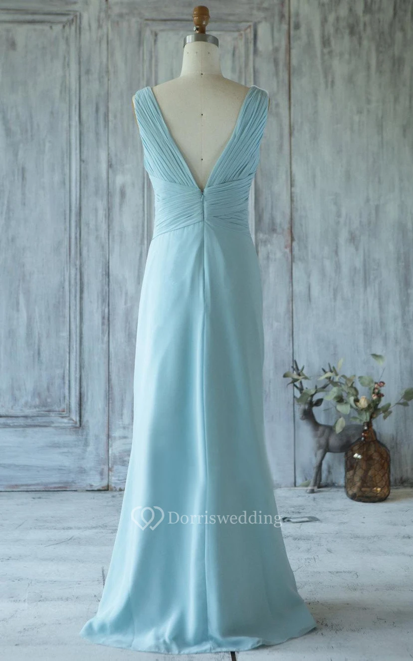 V Neck V Back Sheath Chiffon Long Dress With Ruching view 2