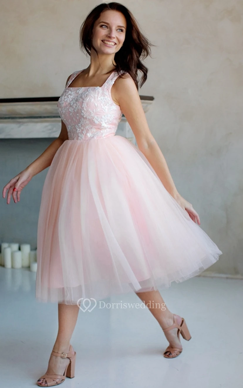 A-Line Knee-Length Square Short Sleeve Tulle Lace Pleats Zipper Dress view 2