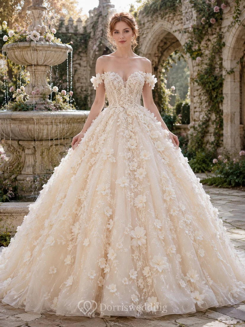 Schulterfreies 3D-Blumen-Ballkleid im Schloss- und Gartenstil