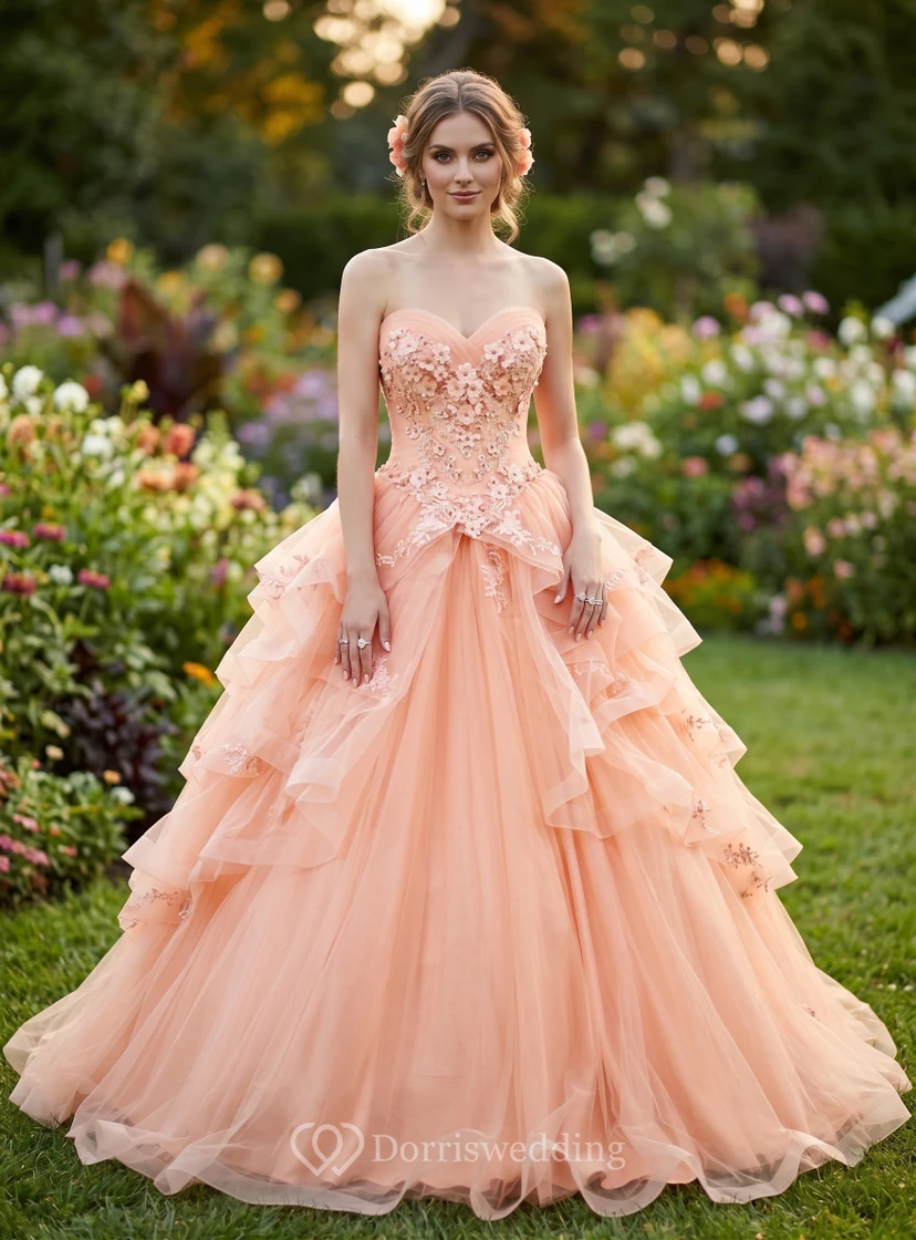Robe de bal pêche sans bretelles brodée