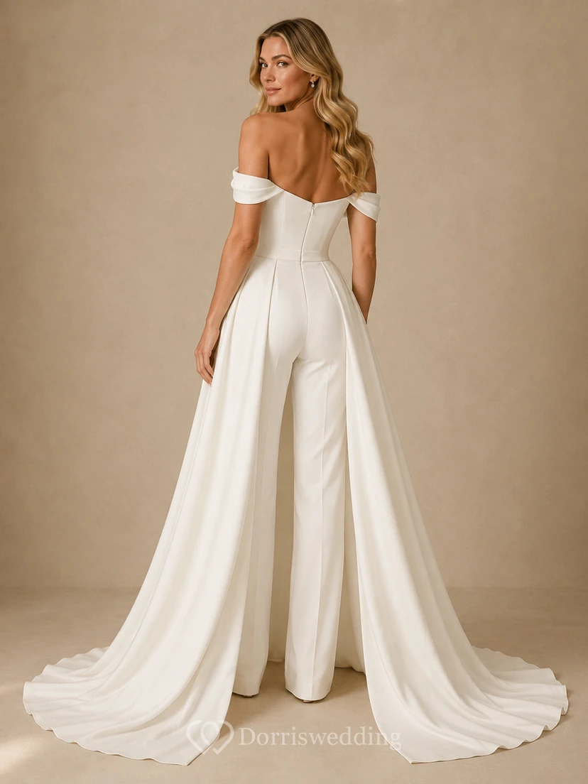 Minimalist Satin Wedding Jumpsuit Off Shoulder Sweep Train view 2
